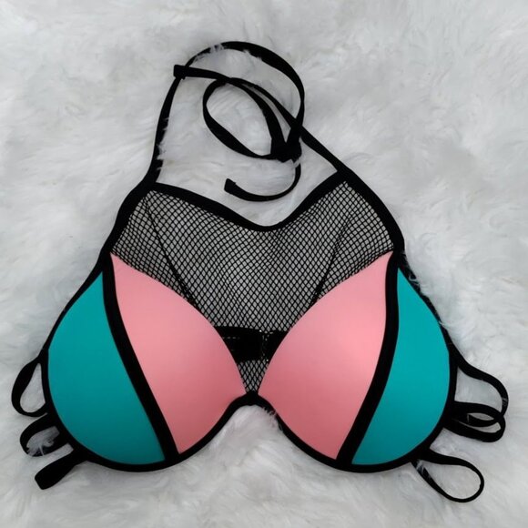 Colorblock Mesh Halter Bikini Top By Tinibikini - L - Picture 2 of 3